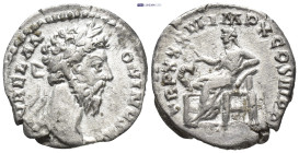 Marcus Aurelius (161-180) AR Denarius (2.7 Gr. 17mm.) Rome. 
 Laureate head right.
 Rev. Salus seated left, holding grain ears; serpent rising from al...