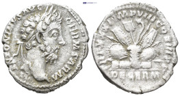 Marcus Aurelius (161-180) AR Denarius (3.2 Gr. 18mm.) Rome. 
Laureate head right. 
Rev. TR P XXXI IMP VIII COS III P P / DE GERM, Pile of Germanic arm...