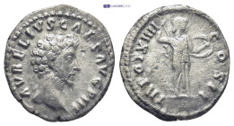 Marcus Aurelius, as Caesar, AR Denarius. (18mm, 3.3 g)Rome, AD 159-160. AVRELIVS CAES AVG PII F, bare head to right / TR POT XIIII COS II, Minerva adv...