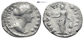 Faustina II, AD 147-175. AR, Denarius. (18mm, 2.8 g). Rome. Obv: FAVSTINA AVGVSTA. Bust of Faustina II, bare-headed, with hair waived and coiled on ba...