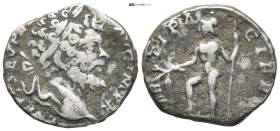 Septimius Severus AD 193-211. Rome Denarius AR (15mm., 2,9 g). L SEPT SEV PERT AVG IMP X, laureate head right / MARTI PACIFERO, Mars standing left, ri...