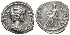 Julia Domna, Augusta, 193-217. Denarius (18mm, 3.4 g), Rome, 196-211. IVLIA AVGVSTA Draped bust of Julia Domna to right. Rev. CERERI FRVGIF Ceres seat...