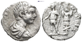 Caracalla as Caesar, AD 195-197. AR, Denarius. (2.4 Gr. 15mm.)
 Bust of Caracalla, bare-headed, draped, cuirassed, right.
 Rev. Caracalla, in military...