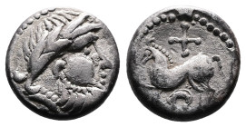 Eastern Celtic Tribes, imitating imitations of Philip II of Macedon, circa 2nd.-1st. Century BC. AR Drachm (13,5 mm, 2,57 g.). 'Kugelwange' type. Laur...