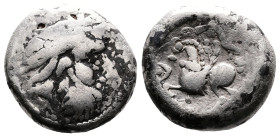 Eastern Celtic Tribes, imitating Macedonian king Philip II 'Baumreiter subtype'. AR Tetradrachm (21mm, 11,65 g.). 3rd century BC. Celticised, bearded ...