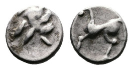 Middle Danube Tribes, AR Obol (7 mm, 0,29 g.). 'Kapostaler' type 2nd.-1st. Century. Celticized head of laureate Zeus to right. Rev. Horse galloping to...