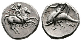 Calabria, Tarentum, circa 272-240 BC. AR Didrachm or Nomos (18,5 mm, 6,56 g.), Di... and Aristokles, magistrates. Nude rider on horse galloping to rig...