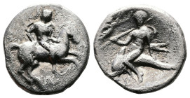 Calabria, Tarentum, circa 272-240 BC. AR Didrachm or Nomos (19 mm, 5,82 g.). Apollonios and Di..., magistrates. Nude rider on horse galloping to right...