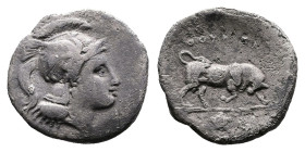 Lucania, Thurium, circa 443-400 BC, AR Diobol ( 12 mm, 0,88 g.) Head of Athena right, wearing wreathed Attic helmet. Rev. ΘΟΥΡΙΩΝ Bull walking right. ...