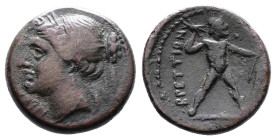 Bruttium, The Brettii, circa 214-213 BC. AE (17 mm, 4,36 g.). Head of Nike left, wearing hair-band, corn ear behind. Rev. ΒΡΕΤΤΙΩΝ Zeus standing facin...