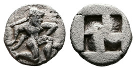 Islands off Thrace, Thasos, 500-480 BC. AR Trihemiobol ( 11 mm, 1,11 g.). Archaic ithyphallic satyr running right, masturbating. Rev. Quadripartite in...