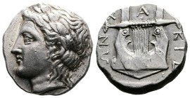 Macedon, Chalkidian League, Olynthos, circa 420-379 BC. AR Tetradrachm. ( 23, 5 mm, 14,42 g.). Laureate head of Apollo left. Rev. ΧΑΛΚΙ-ΔΕΩΝ, Kithara ...