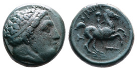 Kings of Macedon, Philip II, 359-336 BC. AE (16,5 mm, 5,87 g.), uncertain Macedonian mint, possibly Amphipolis. Diademed head of Apollo to right. Rev....