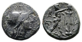 Kings of Macedon, Antigonos II Gonatas, 277/6-239 BC. AE ( 16mm, 3,94 g.). Head of Athena to right, wearing Corinthian helmet. Rev. B - A (between leg...