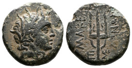 Macedon, temp. Philip V – Perseus, circa, 196-168 BC. AE (20,5 mm, 7,67 g.). Amphipolis mint. Wreathed head of the river god Strymonas right. Rev. Orn...