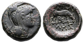 Macedon, Pella, circa 187-168/7 BC. AE (18,5 mm, 8,73 g.). Helmeted head of Athena to right. Rev. Cow grazing to right; ΠΕΛ-ΛΗΣ above and below, BY mo...