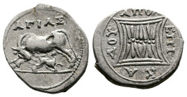 Illyria, Apollonia, circa. 200-80 BC. ΑΓΙΑΣ (Agias) and ΚΑΔΟΣ (Kados), magistrates AR Drachm ( 17,5 mm, 3,17 g.). AΓIAΣ, cow standing left with suckli...