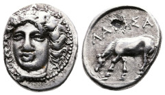 Thessaly, Larissa, circa 405/0-370 BC. AR Drachm (16,75 mm, 6,16 g.). Head of the nymph Larissa facing slightly left. Rev. ΛA[P]IΣA[I ]above, horse le...