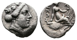 Euboia, Histiaia, 3rd.-2nd. Century BC. AR Tetrobol (14mm, 2,10 g.). Wreathed head of nymph Histiaia to right Rev. IΣTI-AIEΩN Nymph seated right on st...