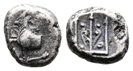 Thrace, Byzantion, circa 387/6-340 BC. AR Hemidrachm (11mm, 1,84). Chian standard. Forepart of bull, raising right foreleg, standing to left on [dolph...