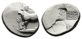 Bithynia, Kalchedon, circa 450-350 BC. AR Drachm (12 mm, 3,79 g.). Cow standing left, on dolphin, in left field, caduceus. Rev. Quadripartite incuse g...