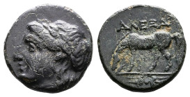 Troas, Alexandreia, circa 241-228 BC. AE (15,5 mm, 3,38 g.). Laureate head of Apollo left. Rev. AΛEΞA, horse grazing left; thunderbolt below. Bellinge...