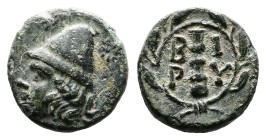 Troas, Birytys,circa 300 BC. AE (11mm, 1,13 g.). Head of beardless Kabeiros left, wearing pilos. Rev. Club, B-I/P-Y, within wreath. BMC Vol. 17, pg. 4...