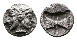 Islands off Troas, Tenedos, circa 5th. Century BC. AR Obol. (8 mm, 0,52 g.). Janiform female and male heads. Rev. Labrys within incuse square. HGC 6, ...