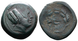 Mysia, Kyzikos. 3rd. Century BC. AE (20,5 mm, 7,64 g.) Prow right. Rev. K-Y / Ξ-I Boukranion within oak wreath. SNG von Aulock 1231. Overstruck on ear...