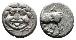 Mysia, Parion. 4th. Century BC. AR Hemidrachm (12mm, 2,30 g.). Gorgoneion facing with protruding tongue. Rev. ΠA-PI Bull standing to left, head lookin...