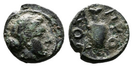 Mysia, Prokonnesos, circa. 350-330 BC. AE (11mm, 1,4g.) Laureate head of female (Aphrodite?) right. Rev: ΠΡΟ /ΚΟΝ. Oinochoe. SNG France 2424-9; SNG Co...