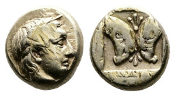 Lesbos, Mytilene, circa 454-428/7 BC. EL Hekte ( 11 mm, 2.53 g.). Laureate head of Apollo to right. Rev. Two opposed ram's heads with a palemette betw...