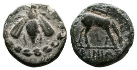 Ionia. Ephesos. Ca. 190-150 BC. AE (15mm, 3,48 g.). [Ε Φ] Bee with straight wings within wreath. Rev. Stag grazing right; quiver above. SNG Kayhan 306...