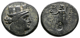 Lydia, Magnesia ad Sipylos, circa 2nd.-1st. Century BC. AE (21mm, 8,36 g.). Turreted head of Tyche right. Rev. MAΓNHTΩN ΣIΠYΛ Zeus Lydios standing lef...