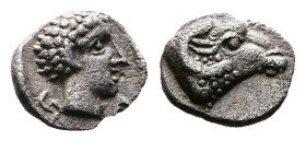 Caria, Kasolaba, circa 450-400 BC. AR Hemiobol Milesian standard (8 mm, 0,48 g.). Head of ram to right. Rev. Youthful male head to right; Karian lette...