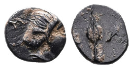 Caria, Chalke, circa 4th. Century BC. AE (9mm, 0,55 g). Head of Nymph right, hair tightly rolled in back. Rev. X-A, spear head. SNG von Aulock 8736-7;...