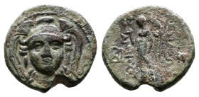 Seleukid Kingdom, Antiochos I Soter, 281-261 BC. AE ( 14,5 mm, 2,33 g.), Smyrna or Sardes. Head of Athena facing, wearing a triple-crested Attic helme...