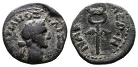 Phrygia, Nacolea, Domitian, 81-96 AD. AE (17,5 mm, 2,73 g.) AYT ΔOMITIANOΣ KAI ΣEB ΓE. Radiate head right. Rev. NAKOΛEΩN. Winged caduceus. RPC II 1419...