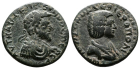 Cilicia, Hierapolis-Castabala, Septimius Severus, with Julia Domna, 193-211 AD. AE Tetrassarion (9,61 g.). AYT KAI Λ CЄΠ CЄYHPOC ΠЄP CЄ Laureate, drap...