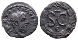 Seleucis and Pieria, Antioch, Macrinus, 217-218 AD. AE (18,5 mm, 3,68 g.). AVT K M O CЄ MAKPINOC C, laureate head to right. Rev. Large SC; Δ above, Є ...