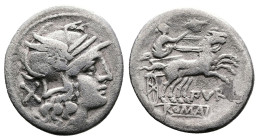 L. Furius Purpurio, 169-158 BC. AR Denarius (17,7mm, 2,99 g.). Rome. Helmeted head of Roma to right; X (mark of value) behind. Rev. The Dioscuri ridin...