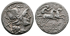 L. Saufeius, 152 BC. AR Denarius (18mm, 3,55 g.). Rome. Helmeted head of Roma to right; X (mark of value) behind. Rev. Victory driving galloping biga ...