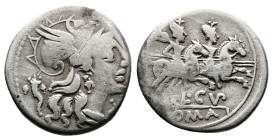 L. Cupiennus, 147 BC. AR Denarius (18mm, 3,67 g.) Helmeted head of Roma right, behind cornucopiae; before, X. Rev. The Dioscuri galloping right, below...