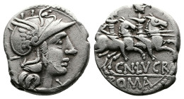 Cn. Lucretius Trio, 136 BC. AR Denarius (17 mm, 3,80 g.), Rome mint. TRIO Helmeted head of Roma to right; below chin X (mark of value). Rev. CN•LVCR /...