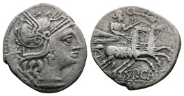 P. Calpurnius, 133 BC. AR Denarius (19,5mm, 3,73 g.). Rome, Helmeted head of Roma right; XVI monogram behind. Rev. Venus, driving biga right, crowned ...