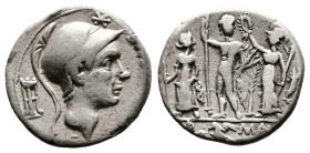 Cn. Blasio Cn.f, 112-111 BC. AR Denarius (18mm, 3,77g.), Rome. CN•BLASIO•CN•F• Helmeted head of Mars (or Scipio Africanus?) to right; behind, spearhea...