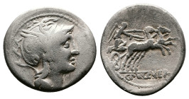 C. Claudius Pulcher, 110-109 BC. AR Denarius (19mm, 3,54 g). Rome. Helmeted head of Roma right. Rev. Victory driving galloping biga right. C PVLCHER i...