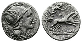 L. Flaminius Chilo, 109-108 BC. AR Denarius (17mm, 2,78 g). Rome. ROMA, Helmeted head of Roma right. Rev. Victory driving galloping biga right. L FLAM...