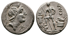 C. Malleolus, A. Albinus Sp.f., and L. Caecilius Metellus, 96 BC. AR Denarius (18mm, 3,77g.), Rome. Helmeted head of Mars to right; above, mallet; bel...