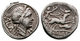 C. Allius Bala, 92 BC. AR Denarius (18mm, 3,69 g.). Rome. Diademed female head to right; BALA downwards behind, H (control letter) below chin. Rev. Di...